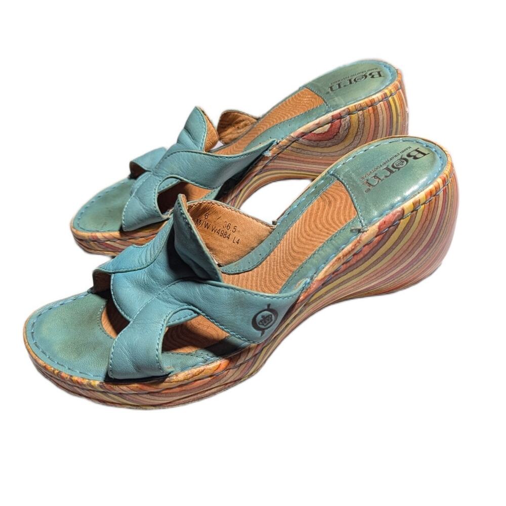 Born Teal Leather Sandals with Striped Wedge - Picture 7 of 7
